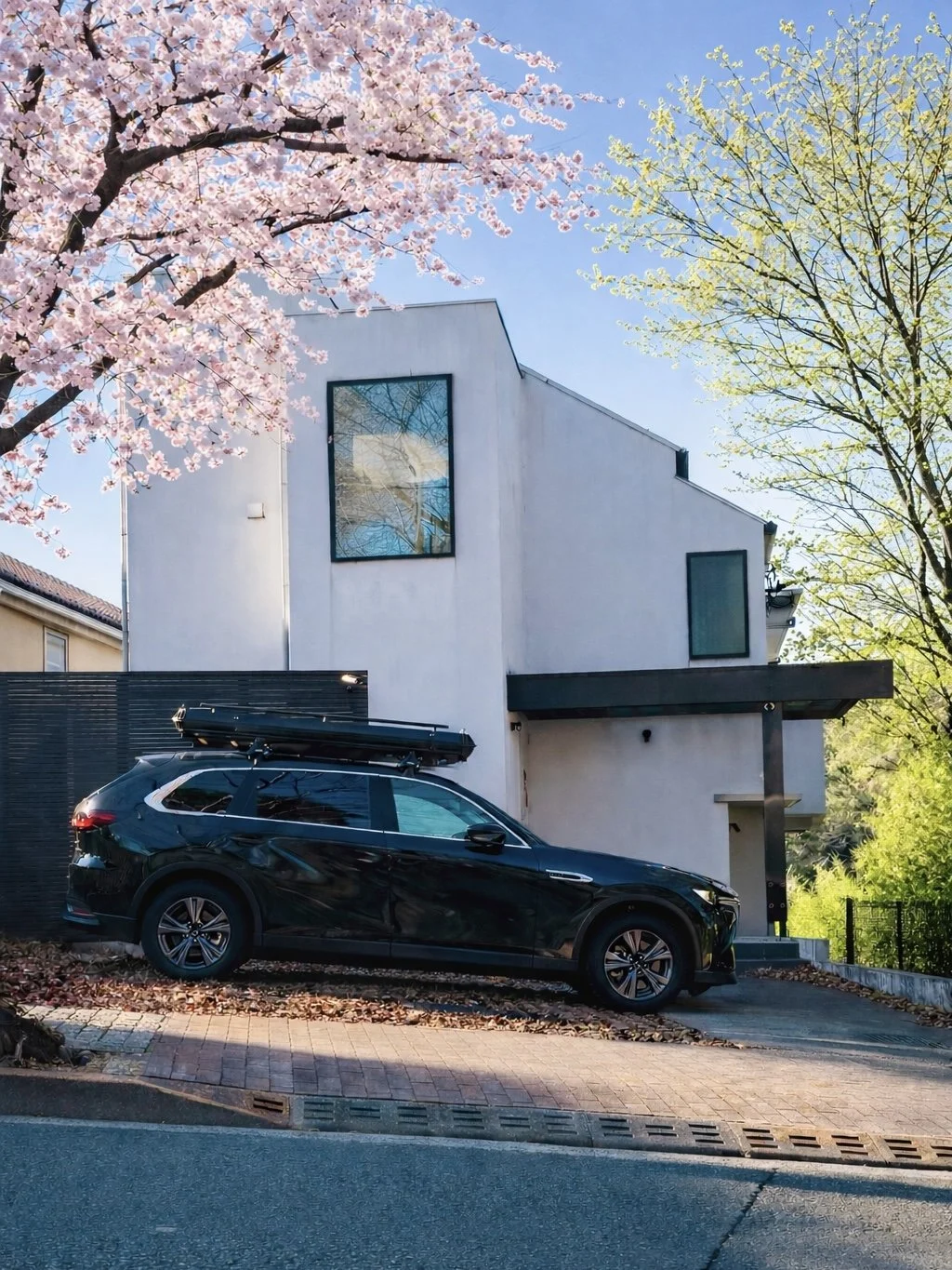 緑に囲まれた建築家による白い漆喰の住宅と駐車スペース。背景にはピンク色の桜の花と新緑の木々、青空が見える