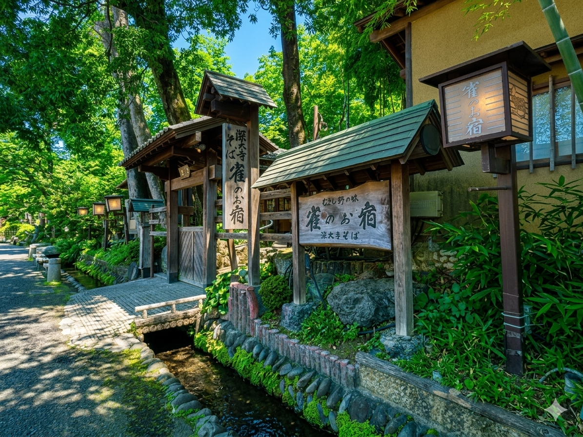 緑豊かな自然の中に、木製の門や看板が設置された静かな場所。看板には「深大寺 そば 雀のお宿」と書かれている。
