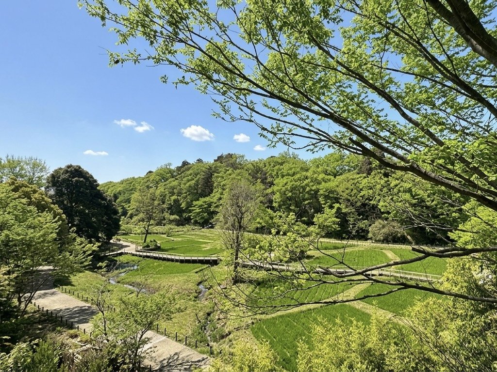 青空の下、緑豊かな公園の風景。木々の葉が新緑で生き生きとしている。散策路が続いている。