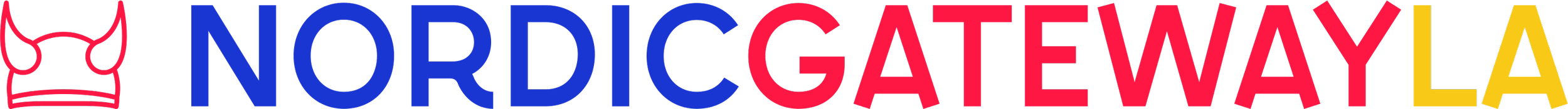 Logo with a red Viking helmet on the left and the words 'NORDIC GATEWAY LA' in bold, colored letters: blue for 'NORDIC', red for 'GATEWAY', and yellow for 'LA'.