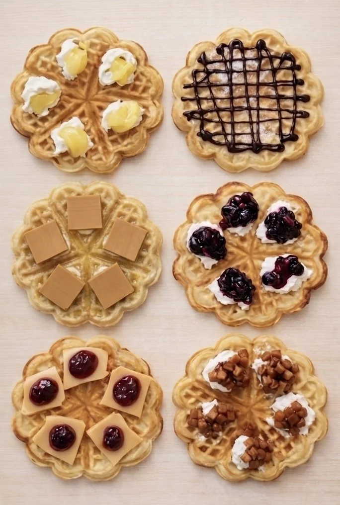Six Norwegian waffles decorated with various toppings including whipped cream, chocolate drizzle, caramel squares, blueberry compote, caramel syrup with cherries, and chopped nuts.