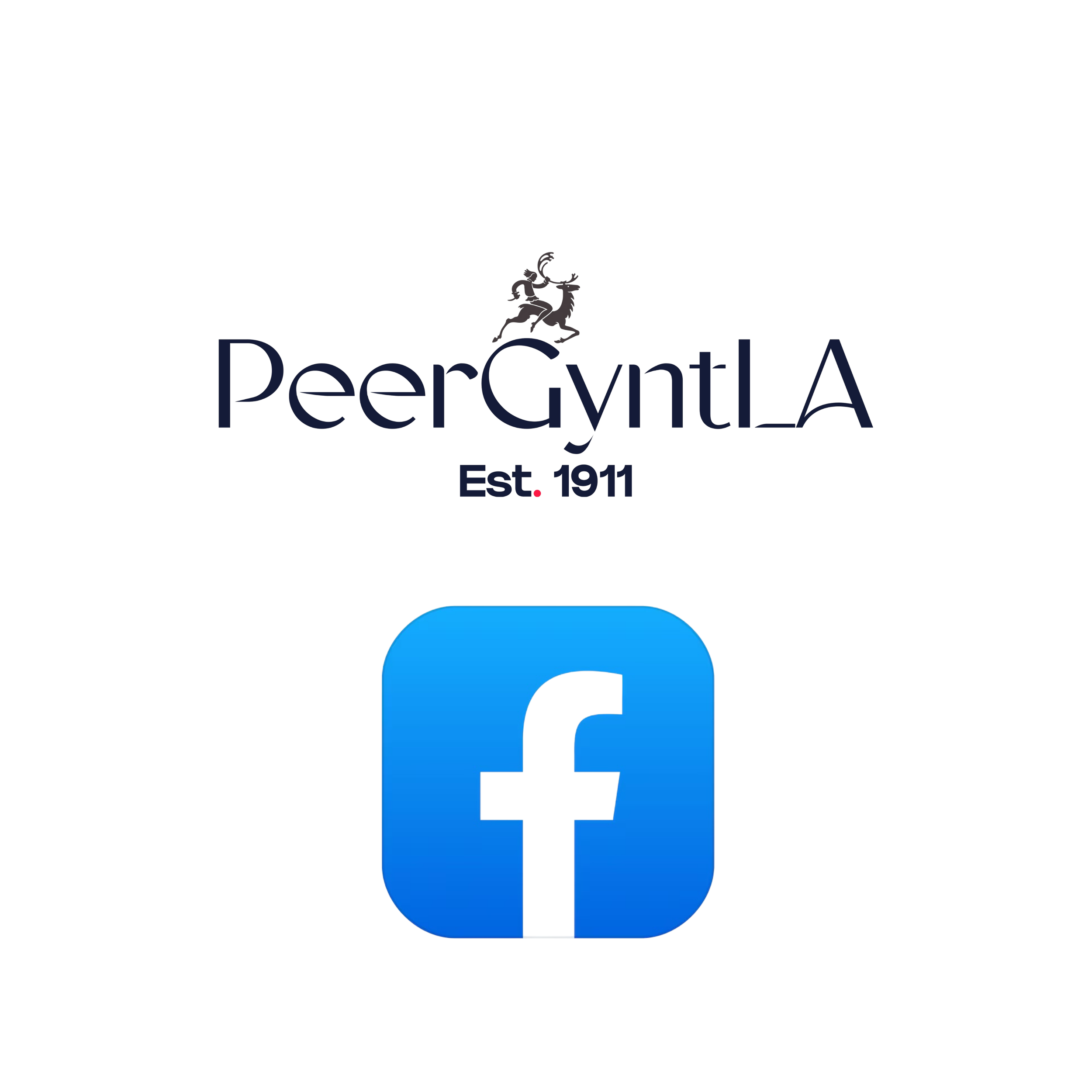 Logo for Peer Gynt LA, established in 1911, with the Facebook logo.