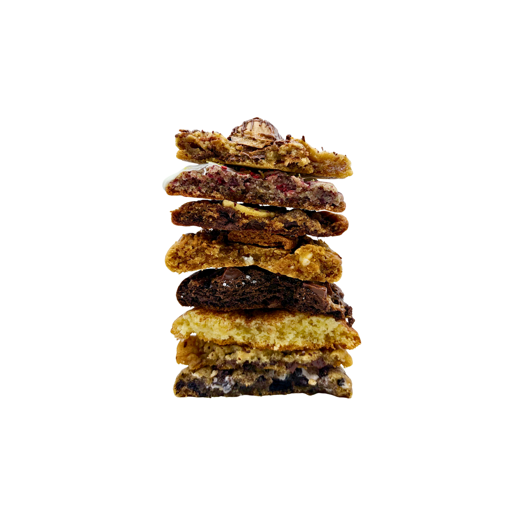 Stacked assorted cookies, including chocolate chip, oatmeal, and fruit-filled cookies.