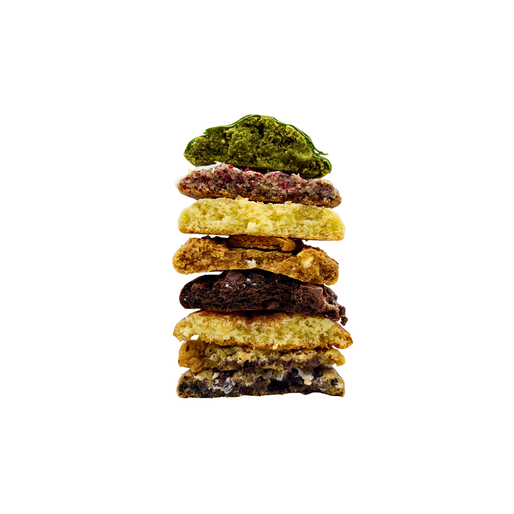 Stack of assorted cookies, including a green matcha-covered cookie, a raspberry-filled cookie, a chocolate chip cookie, and a lemon cookie.