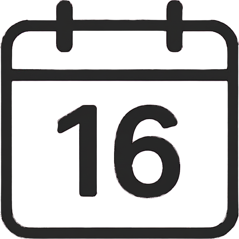 A digital calendar icon displaying the date "16" in black numbers on a black background, with a gray border around the calendar outline.