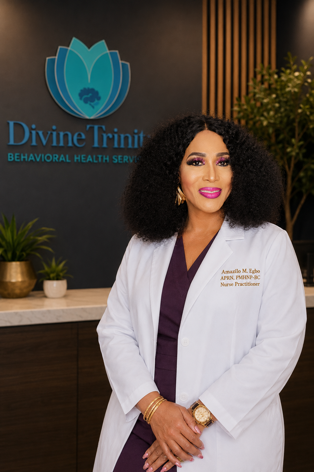 A woman with curly hair wearing a white coat and purple scrubs standing in front of a reception area with a sign that says 'Divine Trinit' and 'Behavioral Health Services.' She is smiling and wearing gold jewelry and a watch.
