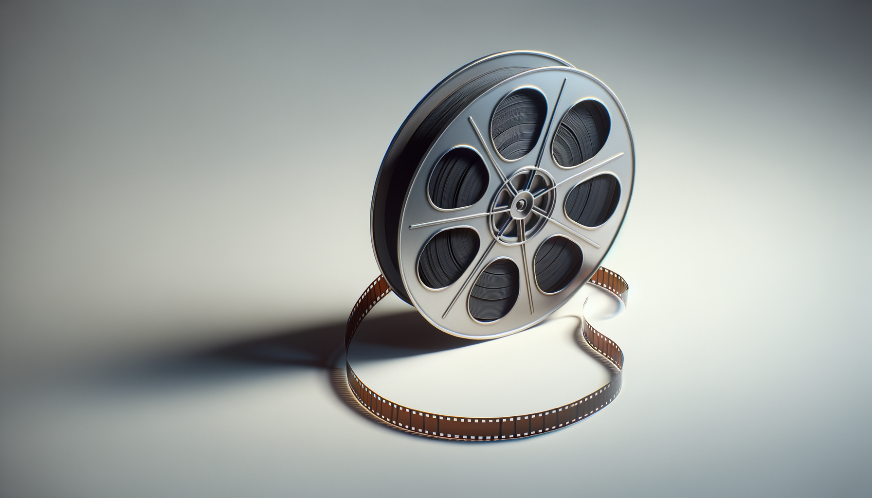 A vintage film reel with black film strip partially unspooled on a plain surface.