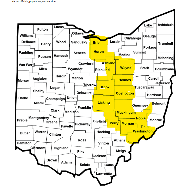 Map of counties in eastern Ohio with some counties highlighted in yellow and labeled with city names such as Erie, Huron, Ashland, Wayne, Knox, Coshocton, Licking, Muskingum, Perry, Morgan, and Washington.