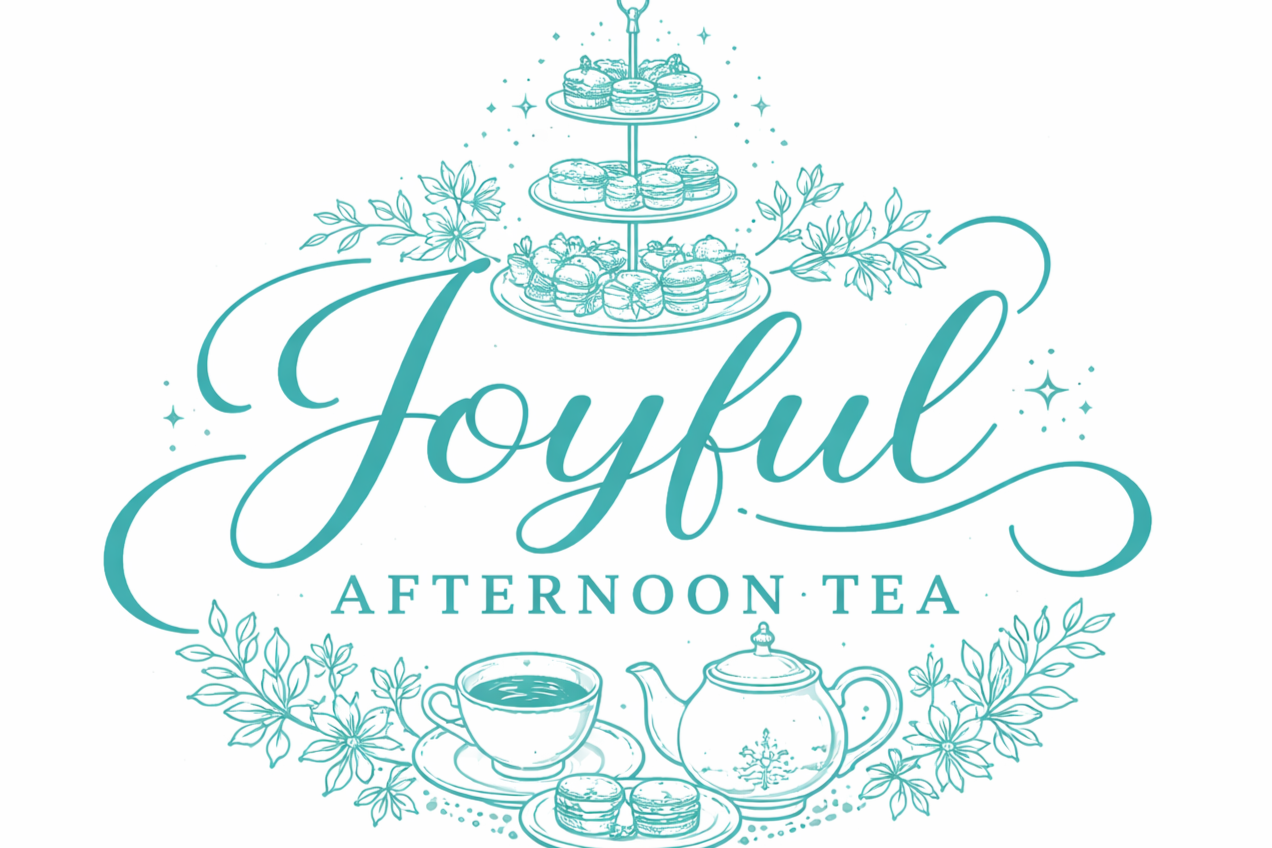 An illustration with the words 'Joyful Afternoon Tea' in elegant script font. It features a tiered stand with assorted cookies and treats at the top, a teapot, a teacup filled with tea, and decorative leaves surrounding the text.