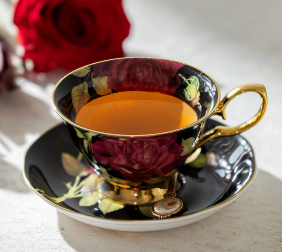 Gold Black Stem Rose 7oz Bone China Tea Cup and Saucer