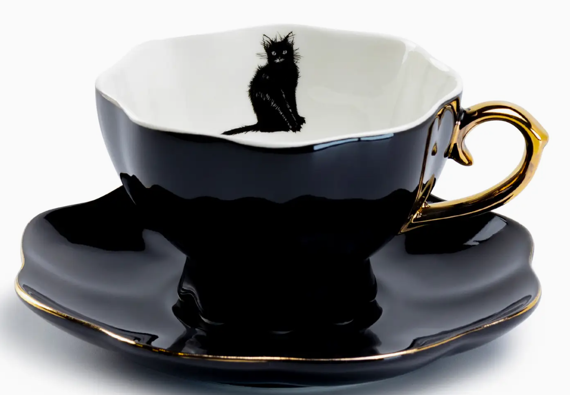 Black Cat Black Gold 7.5oz Tea Cup and Saucer