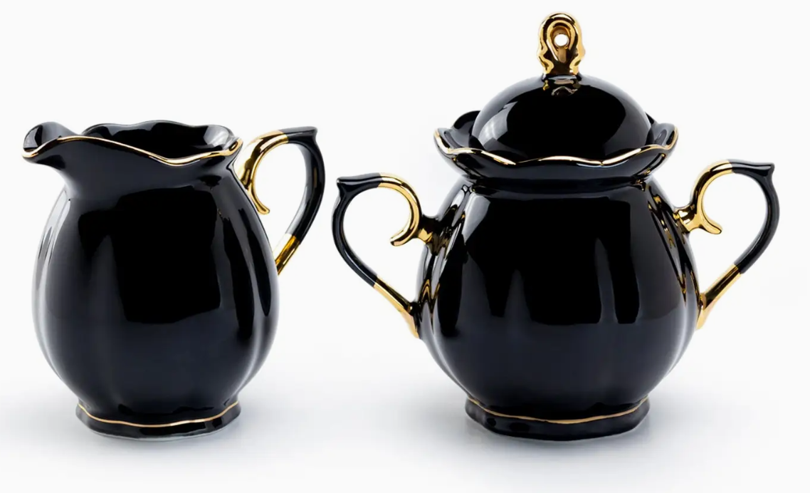 Black Gold Scallop Fine Porcelain Sugar and Creamer Set