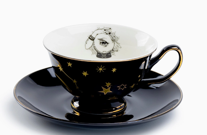 Witchy Crystal Ball Astrology Black Gold Tea Cup and Saucer