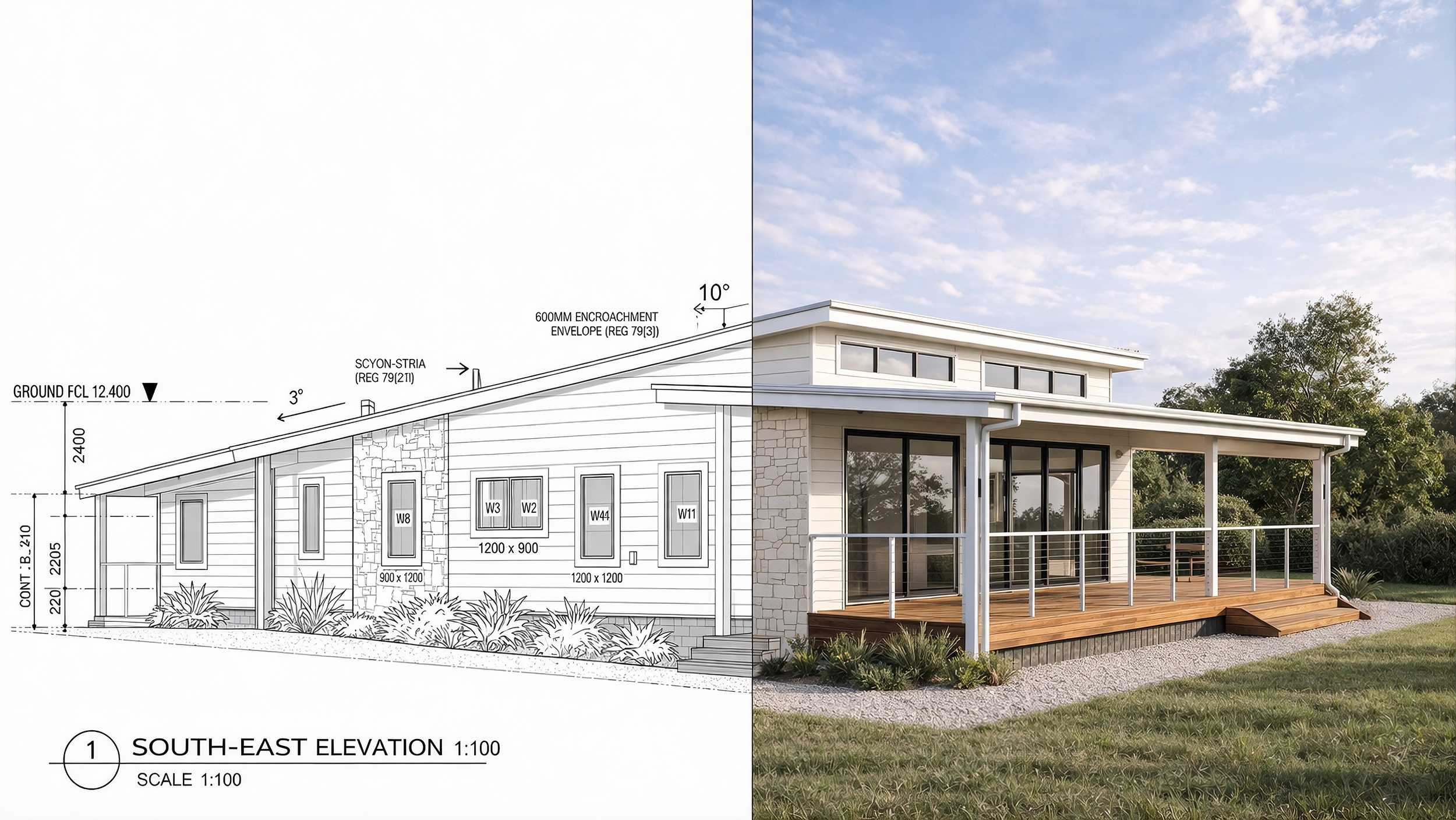 A side-by-side comparison of a detailed architectural blueprint and a completed modern house. The blueprint shows the south-east elevation of the house, with measurements and construction details. The finished house has a white exterior, large glass sliding doors, a wooden deck, and is surrounded by greenery under a partly cloudy sky.