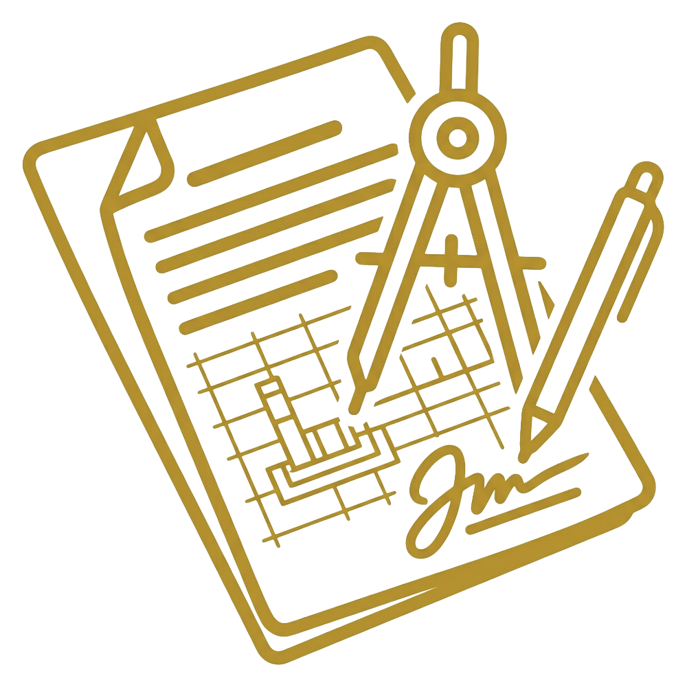 Gold-colored technical drawing with blueprint, compass, pen, and signature on black background.