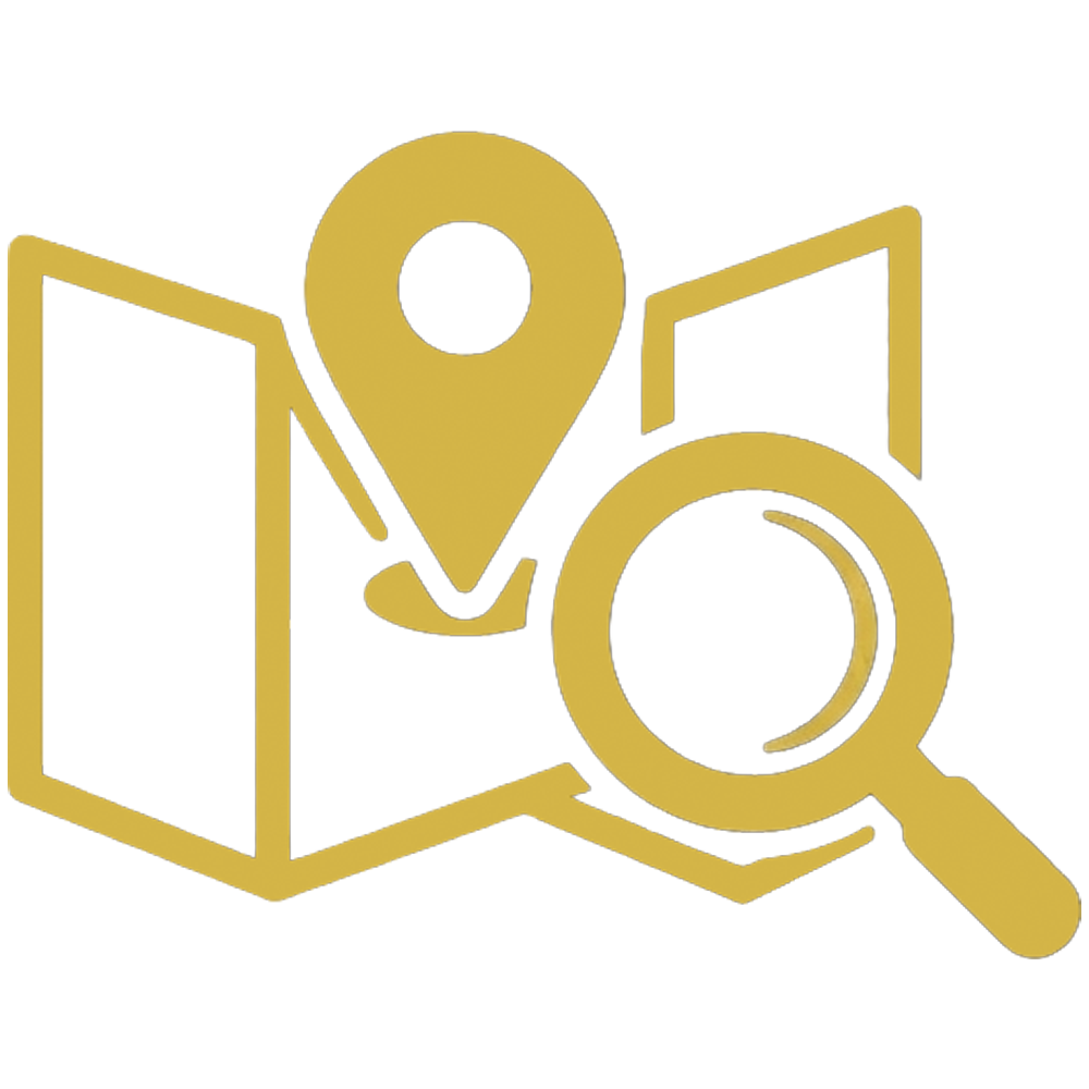 Gold icon of a map with a location pin, magnifying glass, and a obscured window or screen.