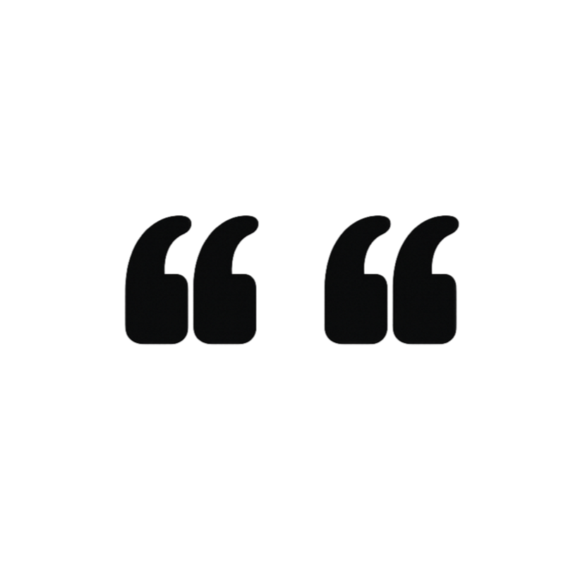 Black background with large black quotation marks, front half of a face with closed eyes and a neutral expression.