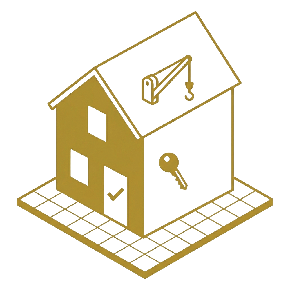 Illustration of a house with a keyhole on the front, a checkmark near the door, a window, and a roof crane, all in gold and white colors.