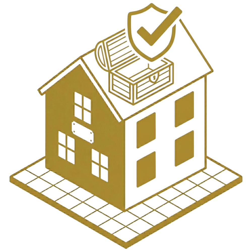 3D rendering of a miniature house with a cutaway view showing the interior and roofing structure, surrounded by a tiled patio.