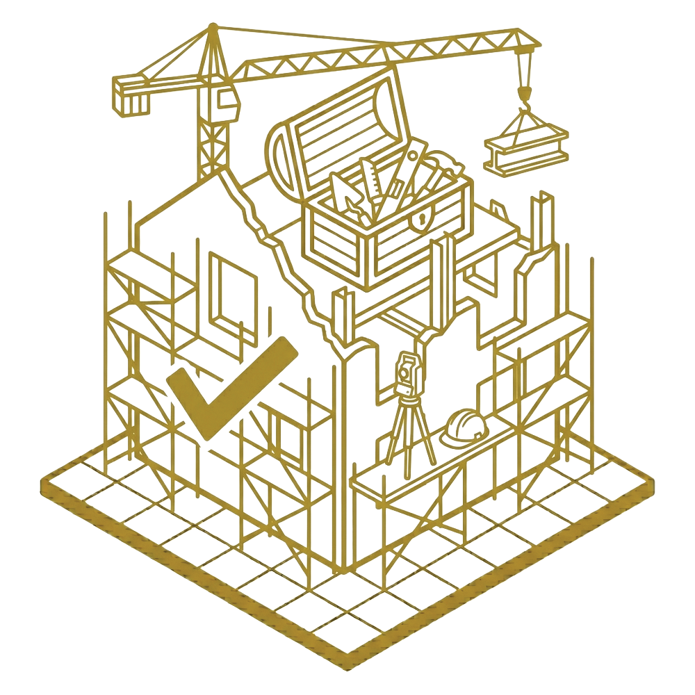 Isometric sketch of a construction site with a crane, tools, and a large checkmark, indicating project approval.