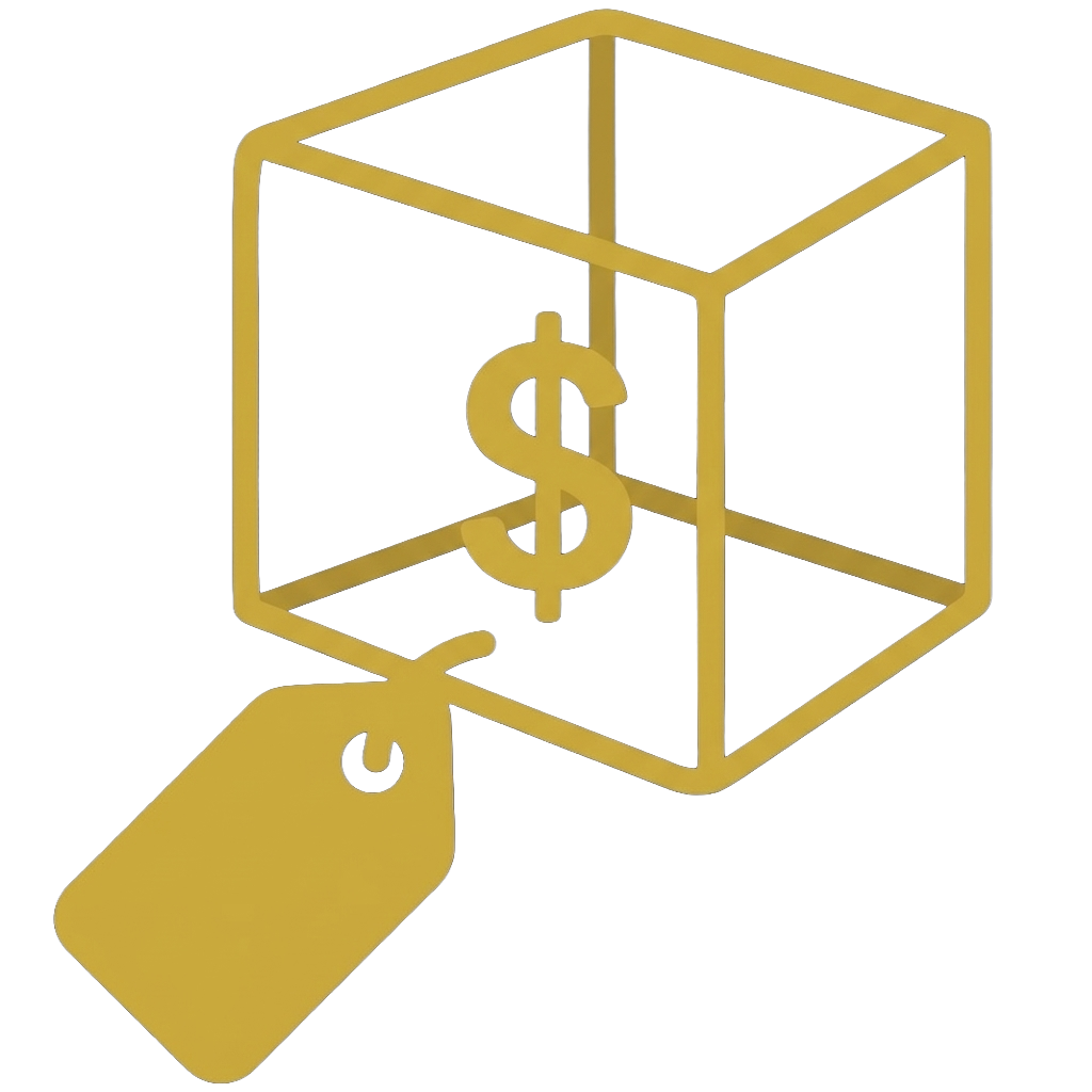 A gold 3D illustration of a cube with a dollar sign inside, connected to a price tag, symbolizing financial or business concepts.