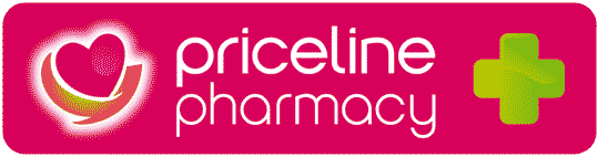 Priceline Pharmacy logo with a pink background, a heart graphic, and a green medical cross.