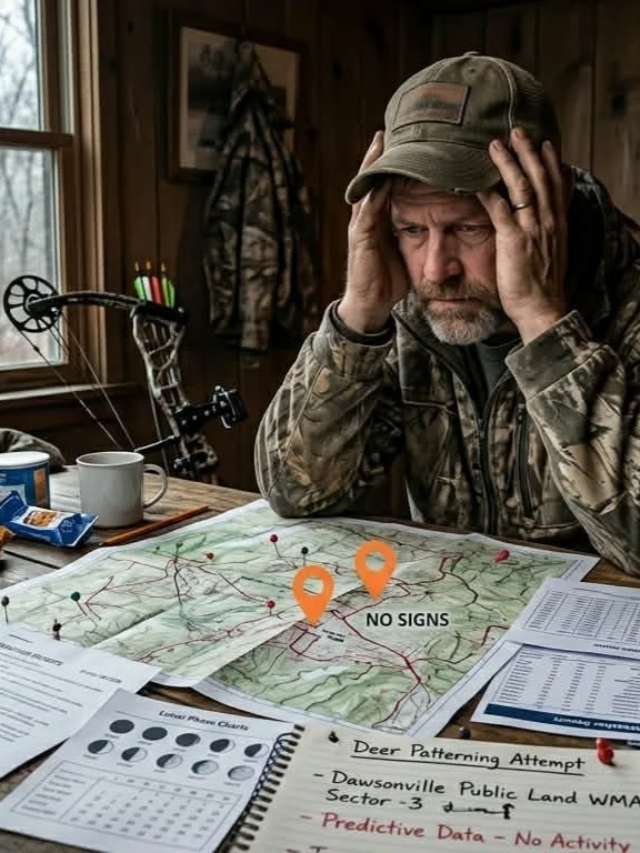 A man in camouflage clothing and a baseball cap looks frustrated while studying a large map with marked locations and notes, sitting at a cluttered table indoors.