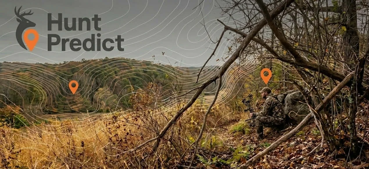 A person in camouflage clothing with a backpack sitting among fallen leaves and dry branches in a wooded area during autumn, holding a metal detector, with two orange location markers and the Hunt Predict logo overlayed on the image.