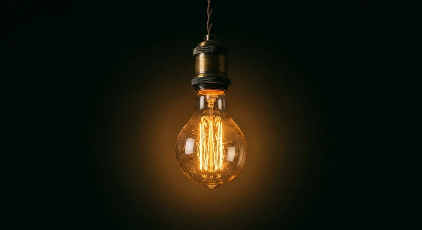 A vintage-style Edison light bulb hanging from the ceiling, emitting a warm glow against a dark background.