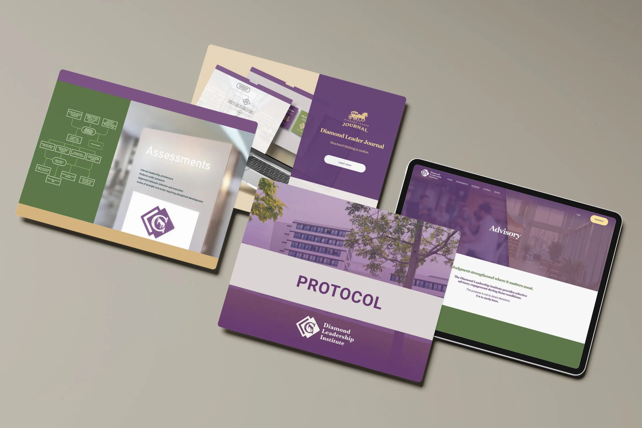Collection of digital documents and devices related to the Diamond Leadership Institute, including a protocol booklet, assessment page, advisory screen, and a laptop with additional materials, all with purple and green color themes.