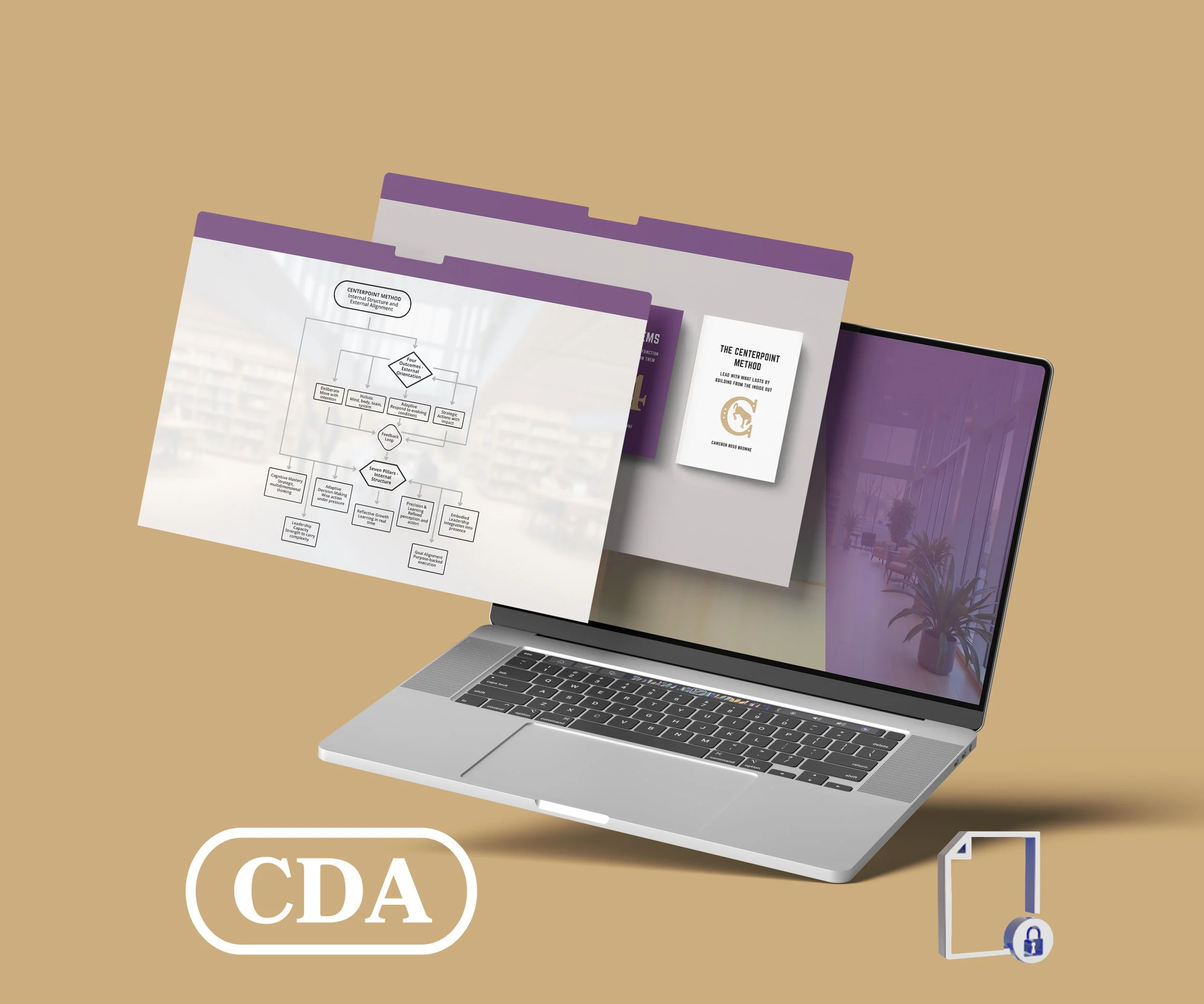 Open laptop with floating digital files featuring flowcharts and documents on a beige background, with a CAD icon and a padlock icon in the corner.