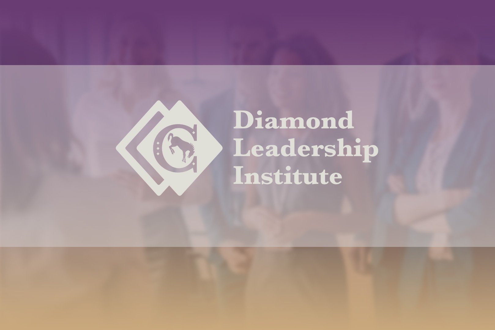 Logo of the Diamond Leadership Institute with a diamond shape, a dog silhouette, and text, over a blurred background of people in a business setting.