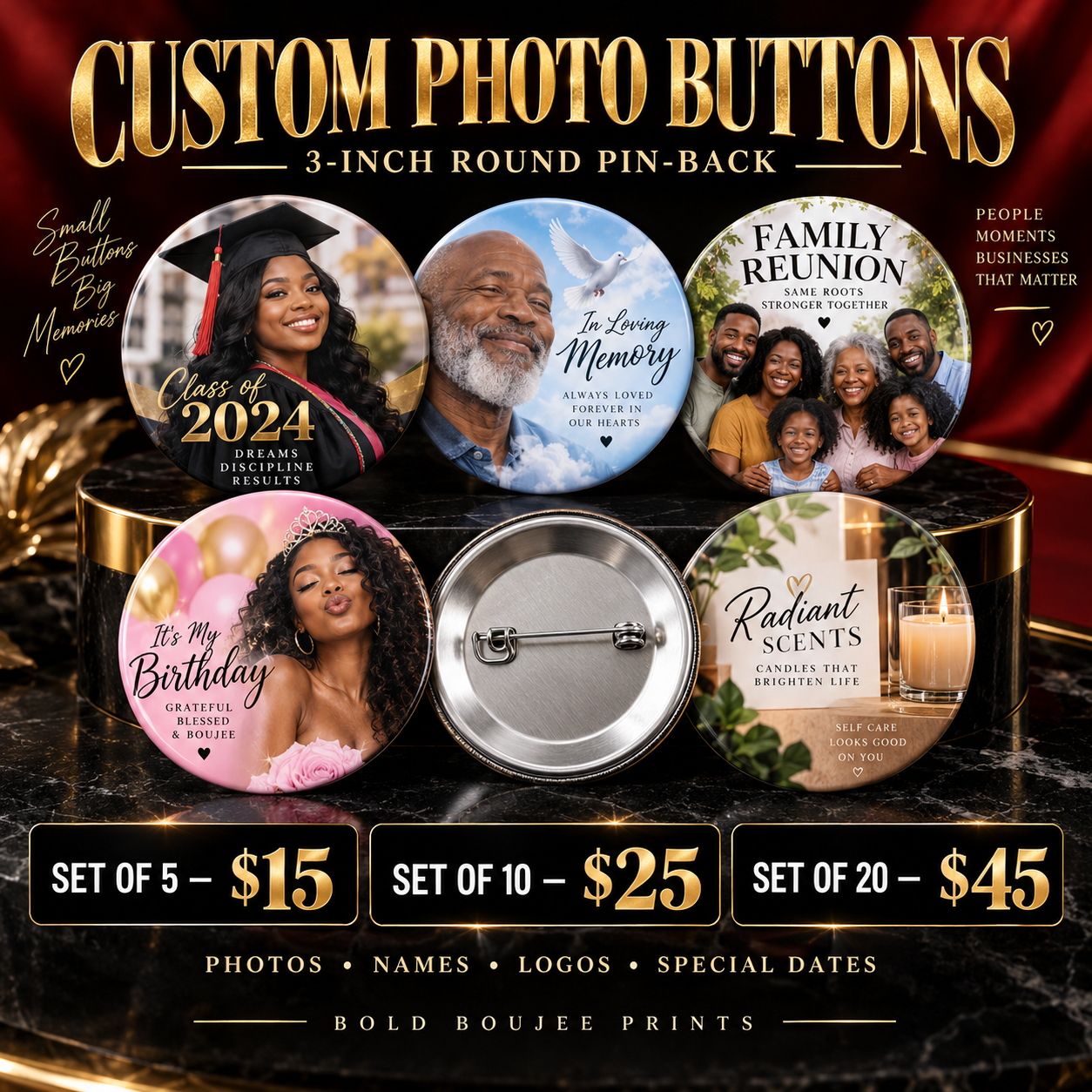 Custom pin-back/ photo  buttons