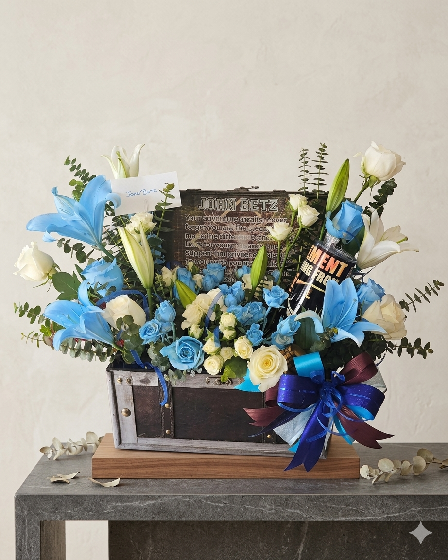 Arreglo de flores en una caja de madera con flores azules y blancas, incluyendo lirios y rosas, decorado con lazo azul y morado, con una nota escrita en papel y un cilindro con texto impreso en su interior.