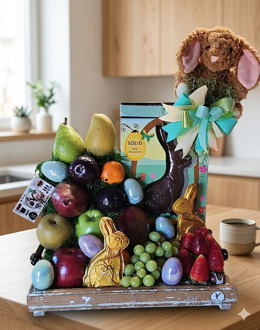 Canasta de pascua con  frutas , conejitos de chocolate, un plush de conejito con moño de lazo, y huevo decorativos en un cajón de madera, en una mesa.