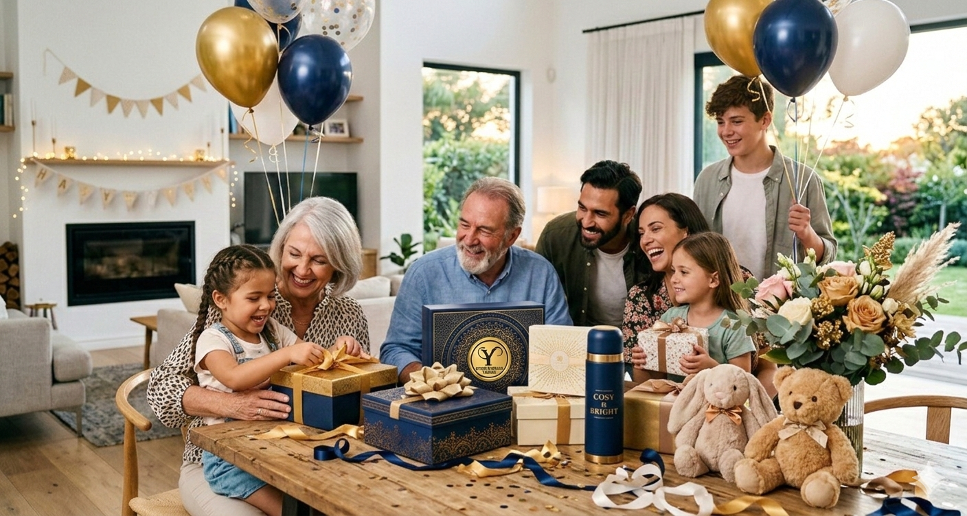 Familia celebrando en casa con globos, regalos y decoración, sonriendo y disfrutando de una ocasión especial.