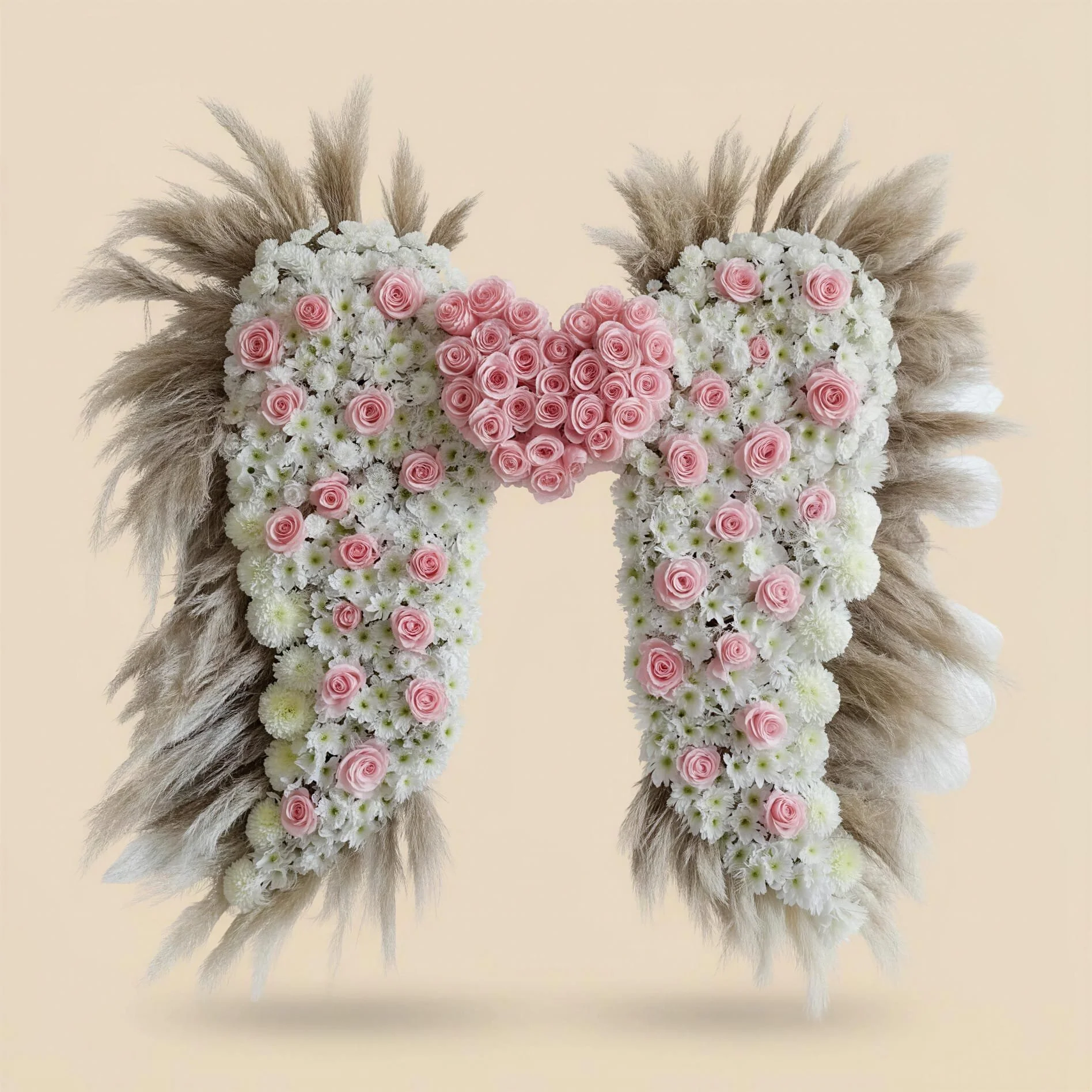 Arco de flores con rosas rosas, margaritas blancas y follaje de hierba pata de perro.