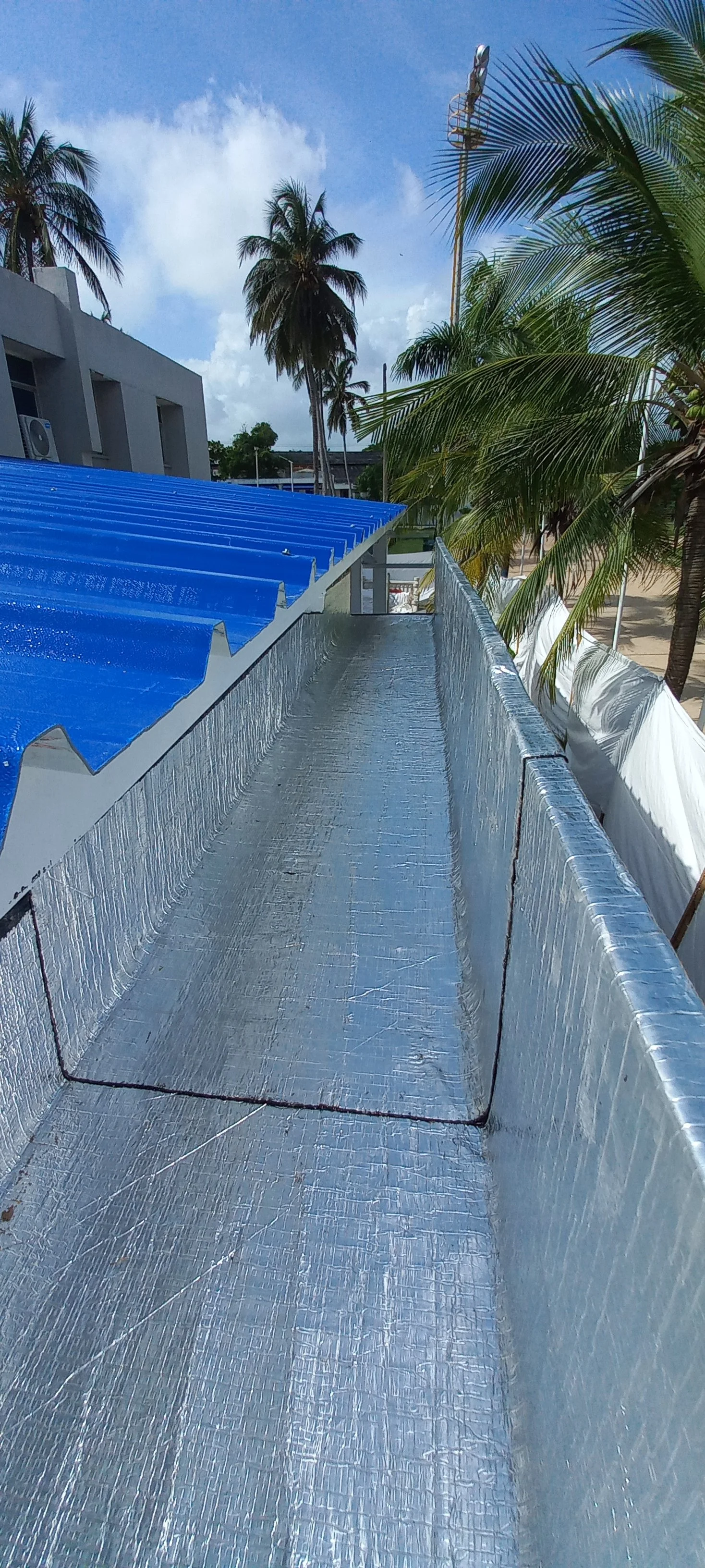 Pasarela metálica en una estructura con techo azul, rodeada de palmeras y árboles tropicales, en un día soleado.