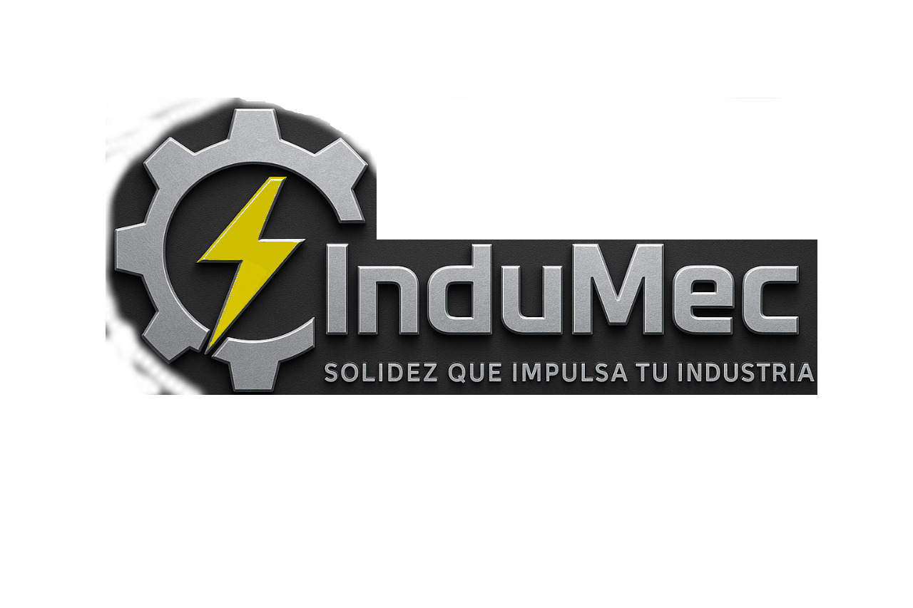 Logotipo de InduMec con engranaje, rayo y texto, en fondo oscuro.