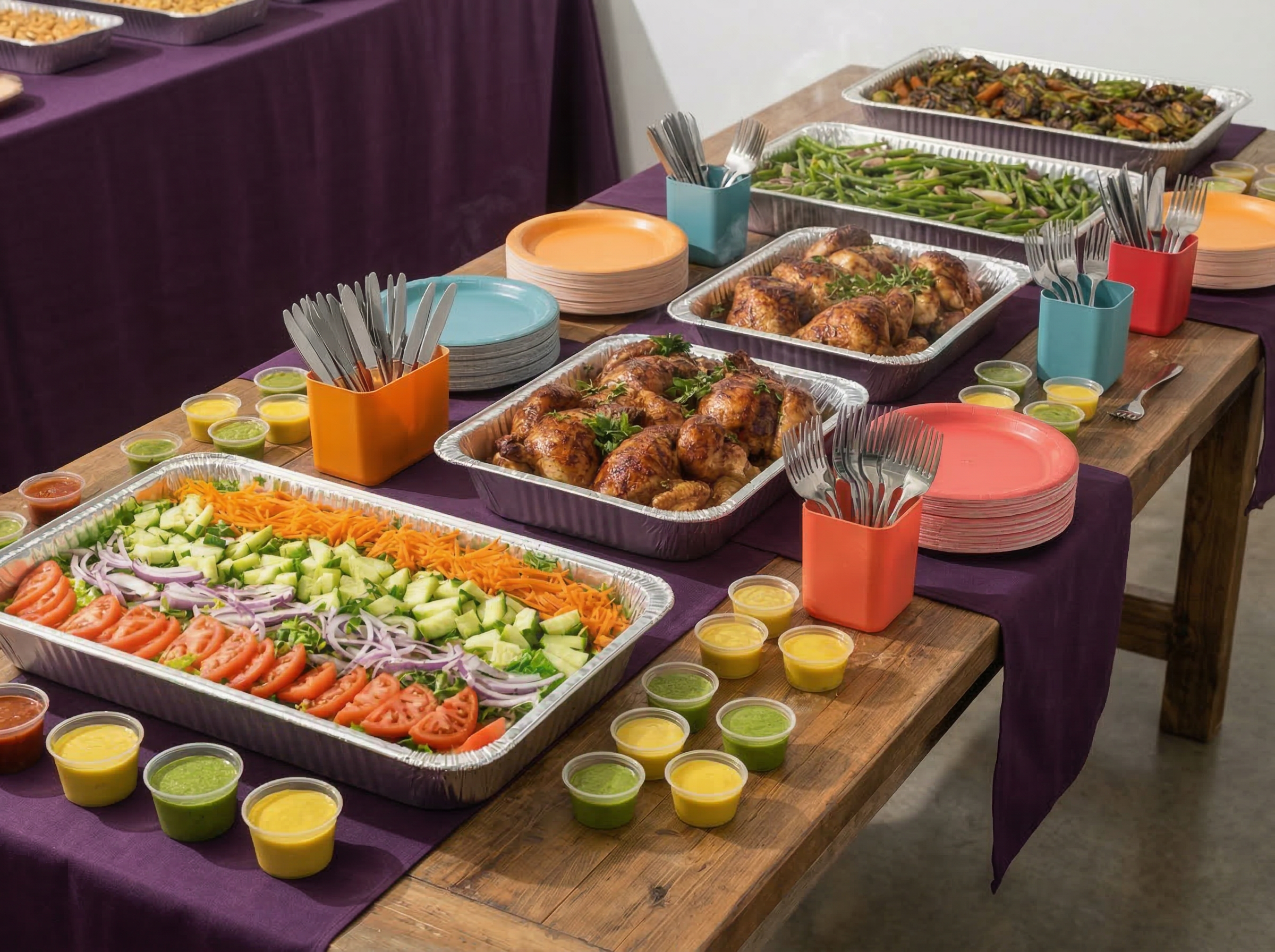 Buffet table with trays of salad, roasted chicken, and vegetables, along with small cups of sauces or dressings, set on a wooden table with purple tablecloths, colorful disposable plates, and utensils in orange, blue, and red holders.