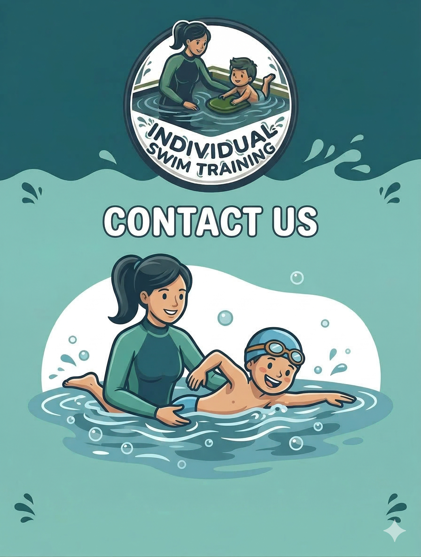 Illustration of a woman teaching a young boy swim lessons in a pool, with text saying "Contact Us" for individual swim training.