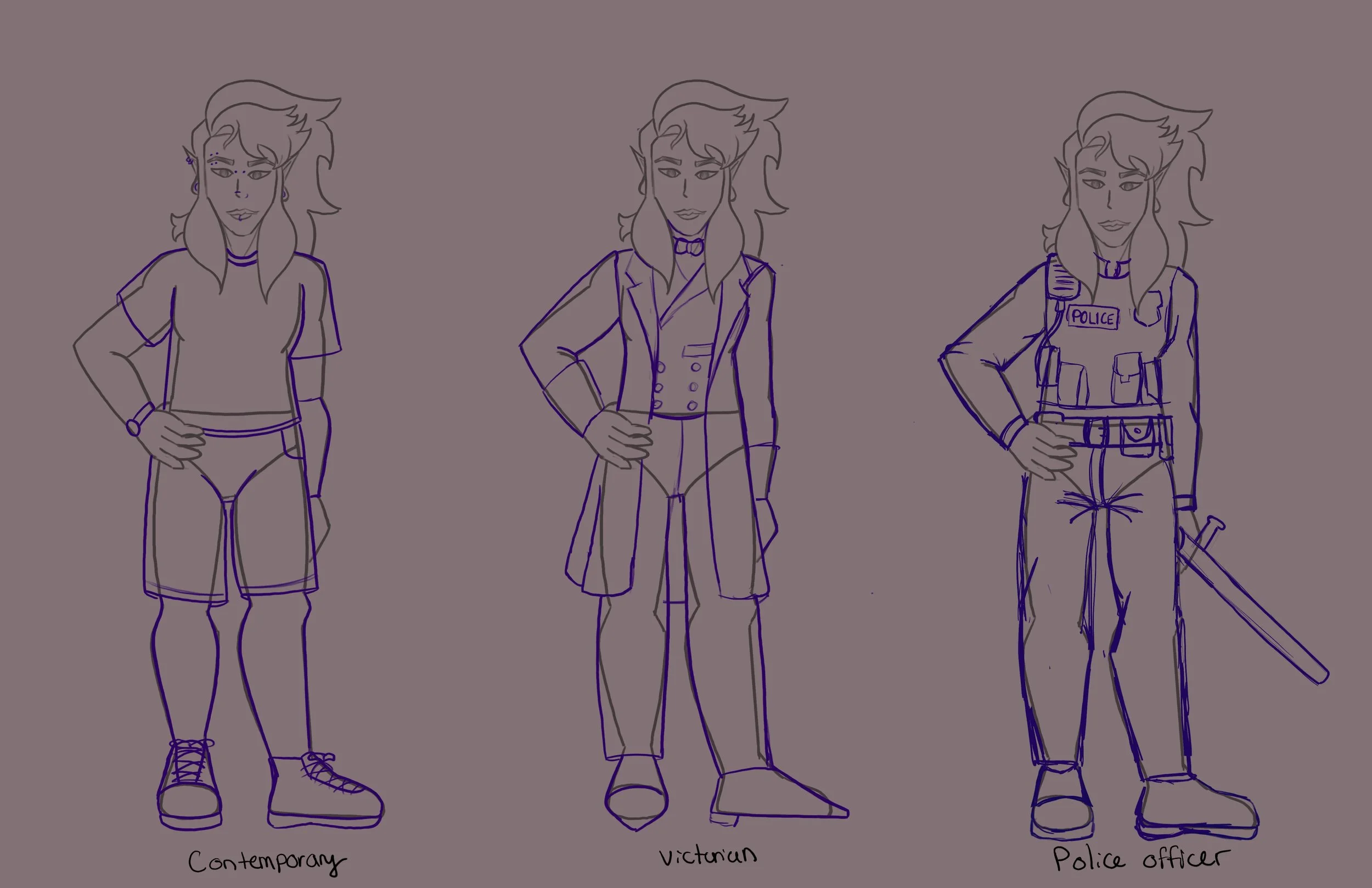 Sketch of a person in contemporary clothing, a person in victorian clothing, and a police officer in uniform, each in different styles.