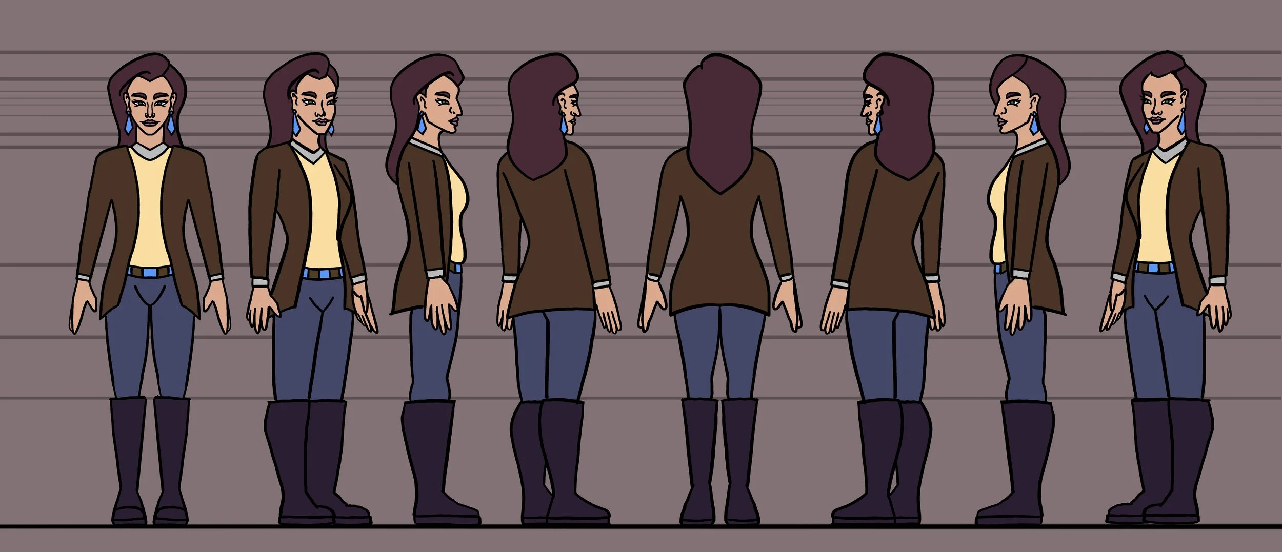 An animated illustration of a woman with purple hair and blue earrings, shown from front and side views, standing against a striped background.