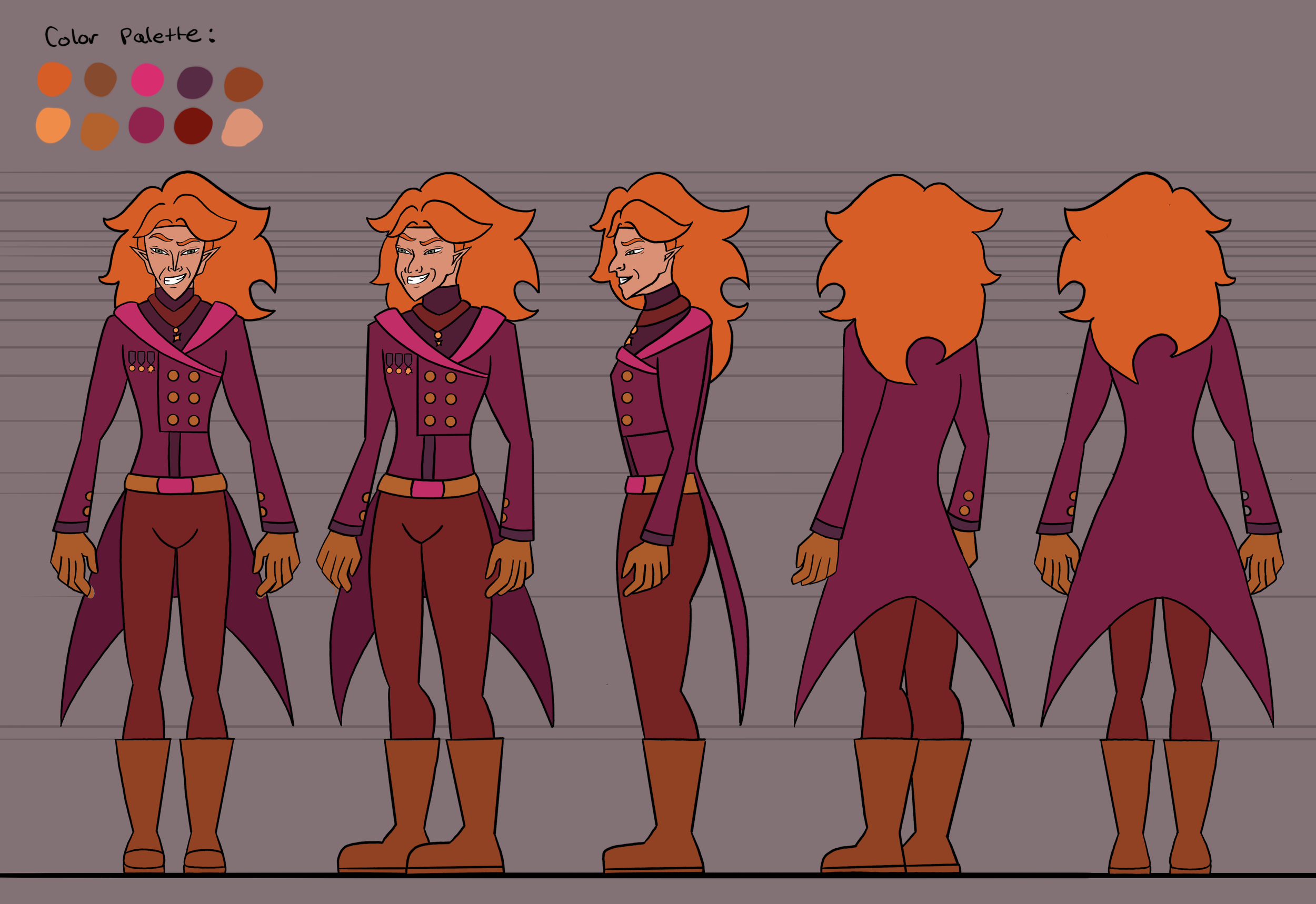 Front, side, and back views of a fantasy character with orange hair, pointy ears, and purple and gold attire, standing against a gray background with a color palette in the top left corner.