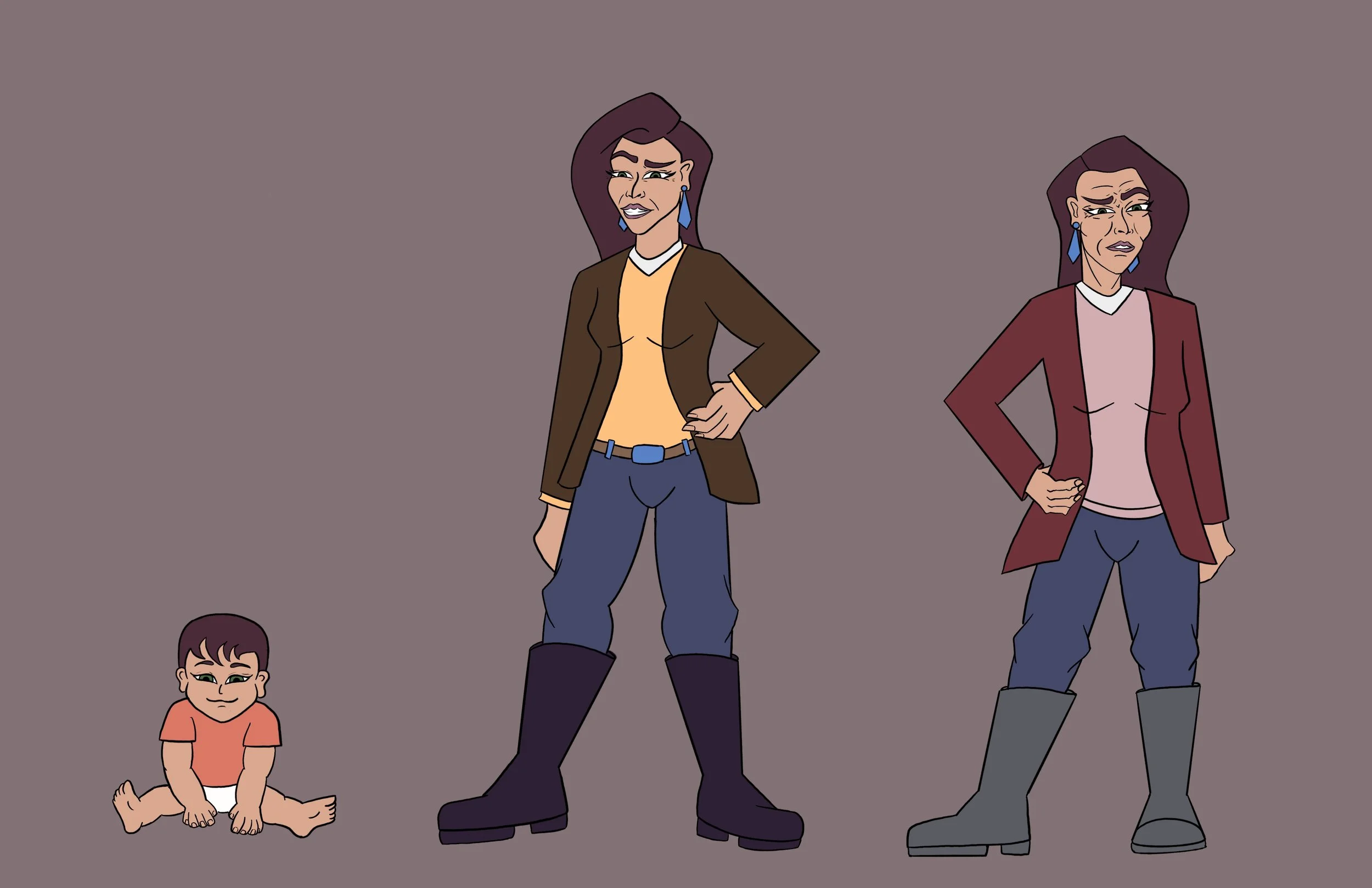 Digital illustration of three women with confident poses and expressive facial features, wearing casual and stylish outfits, with a purple background.