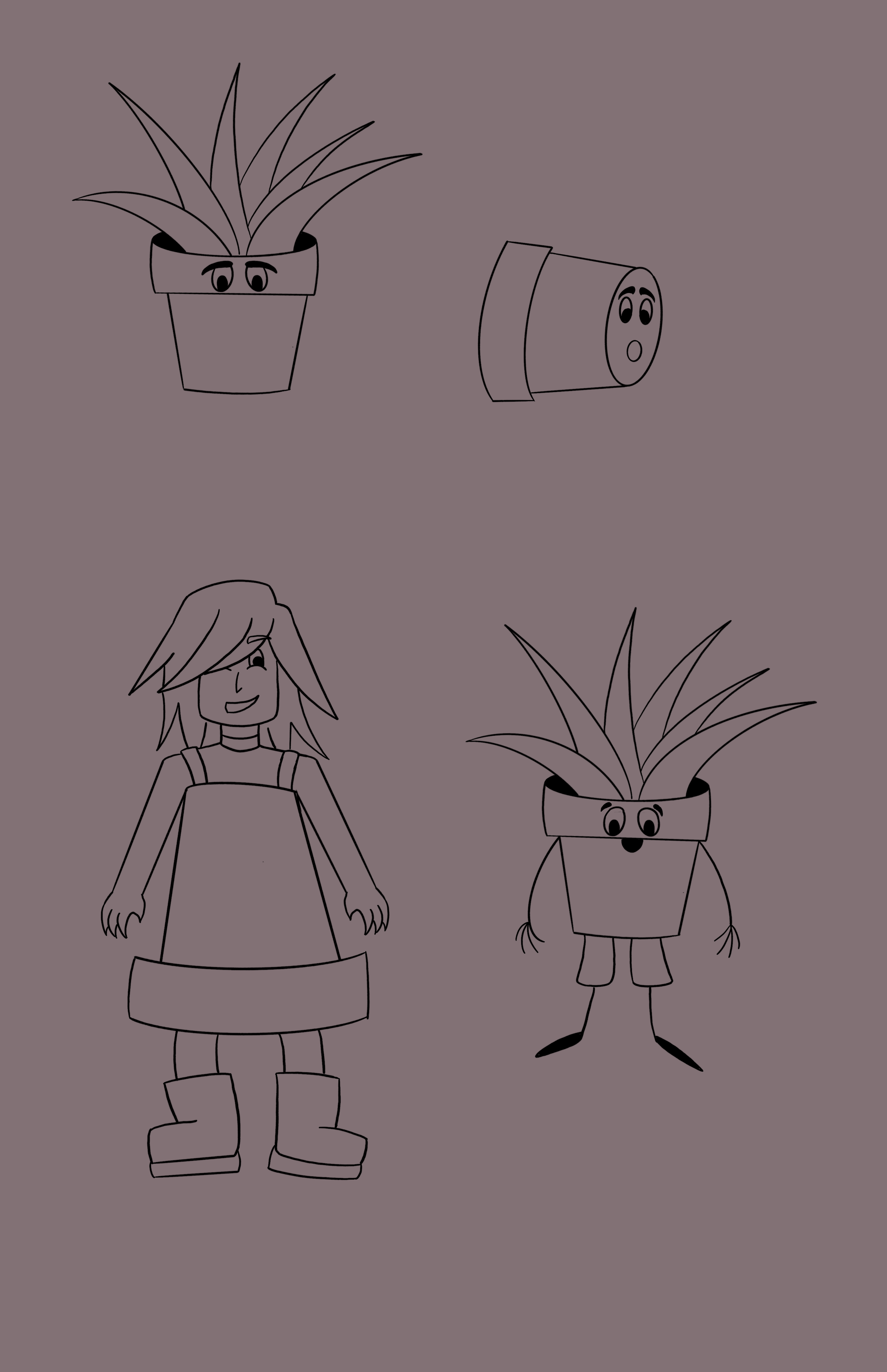 A drawing of a girl in a dress with a plant and a potted plant with a happy face, and a potted plant with a surprised face, all on a purple background.