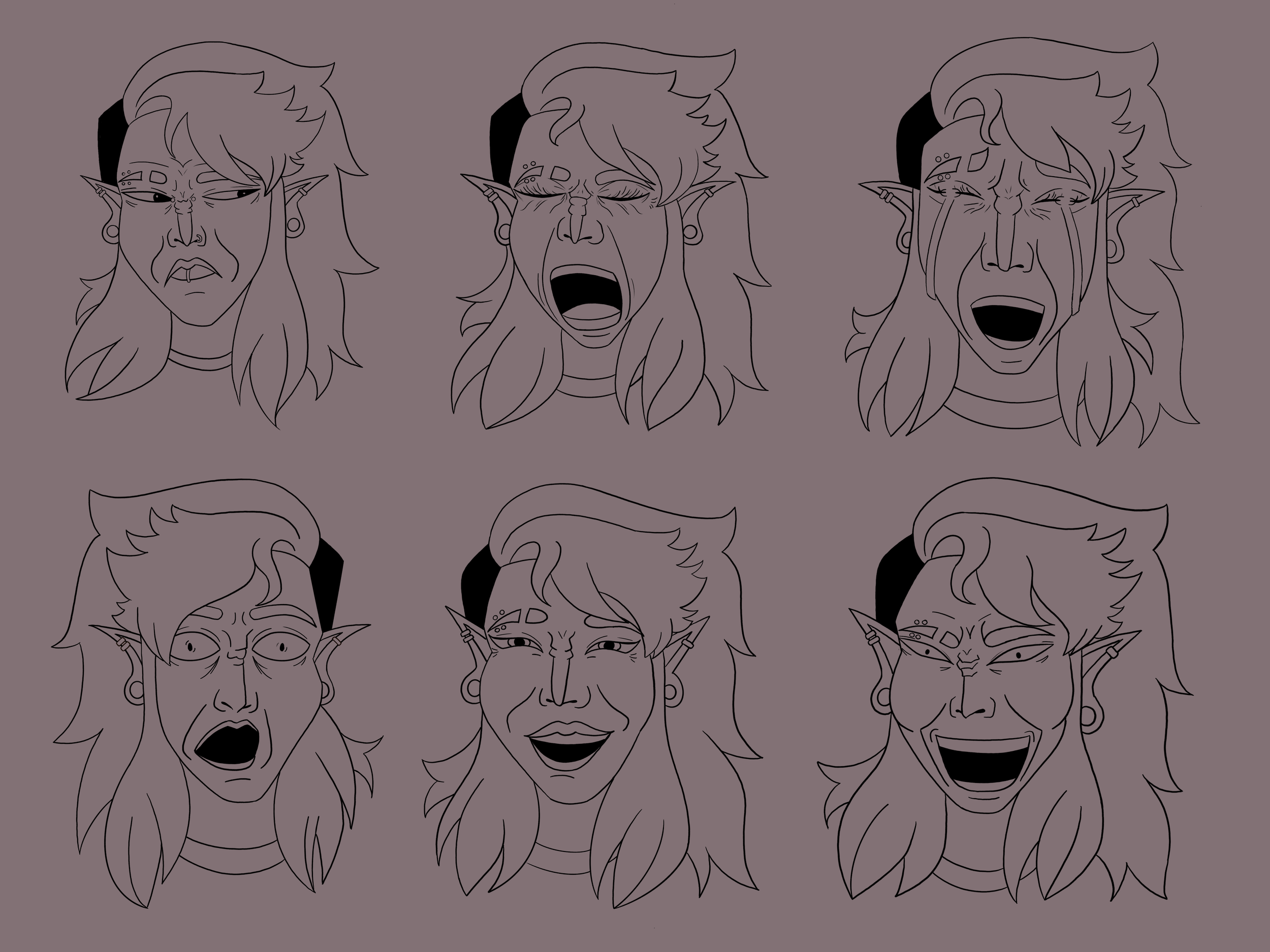 Four black-and-white line art illustrations of a fantasy elf character with pointy ears, long hair, and earrings, each depicting different facial expressions of anger, shock, and joy, set against a mauve background.