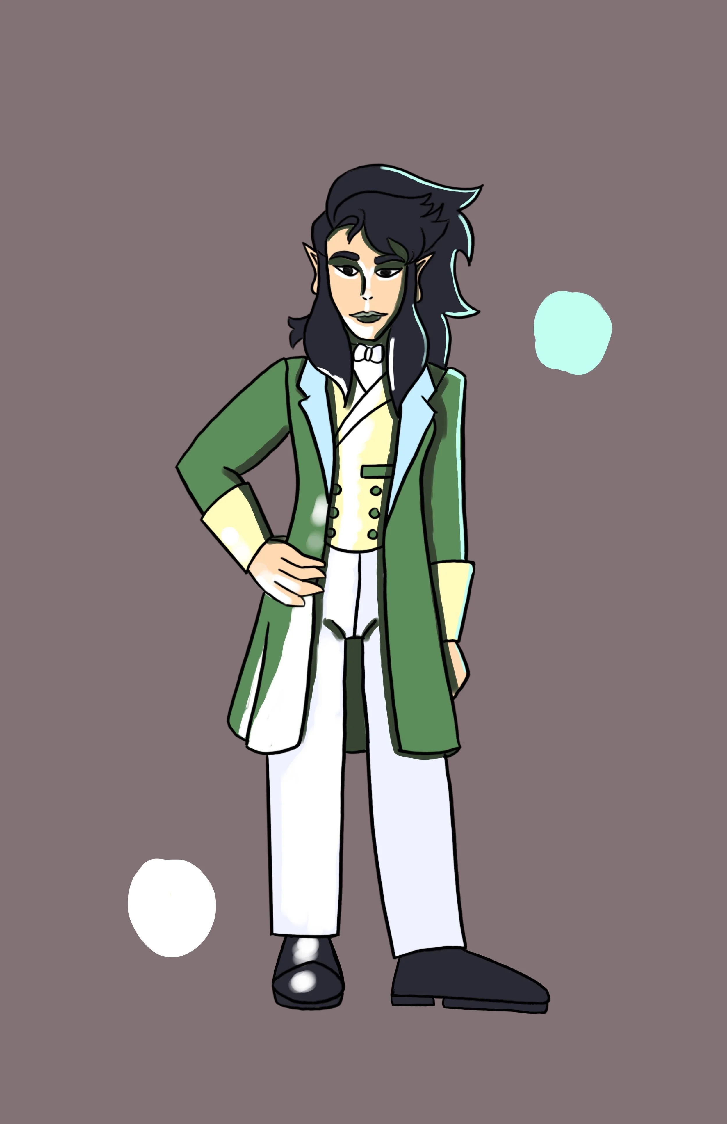 Digital illustration of a person with pointed elf ears and long, dark hair. They are dressed in formal attire, including a green tailcoat, a white shirt, and white pants, standing with one hand on their hip against a plain, muted background.