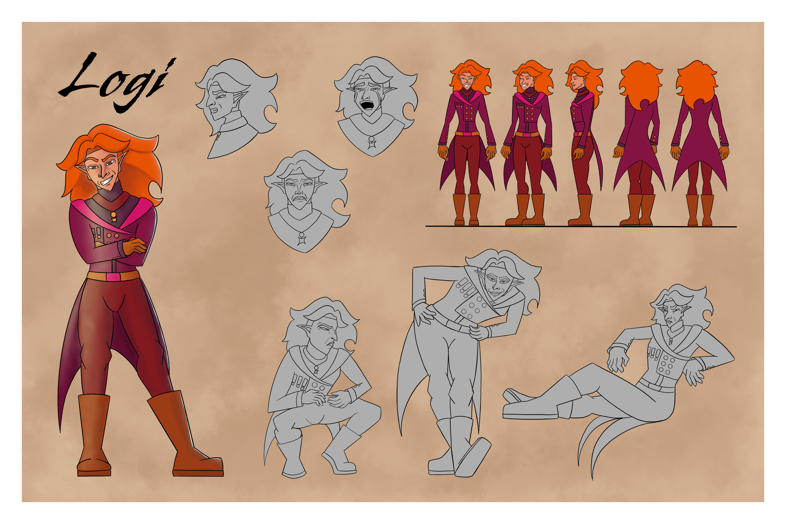 Colorful character with orange hair, purple and brown outfit, standing confidently with arms crossed, with sketches of different facial expressions and poses of the same character behind and to the right.