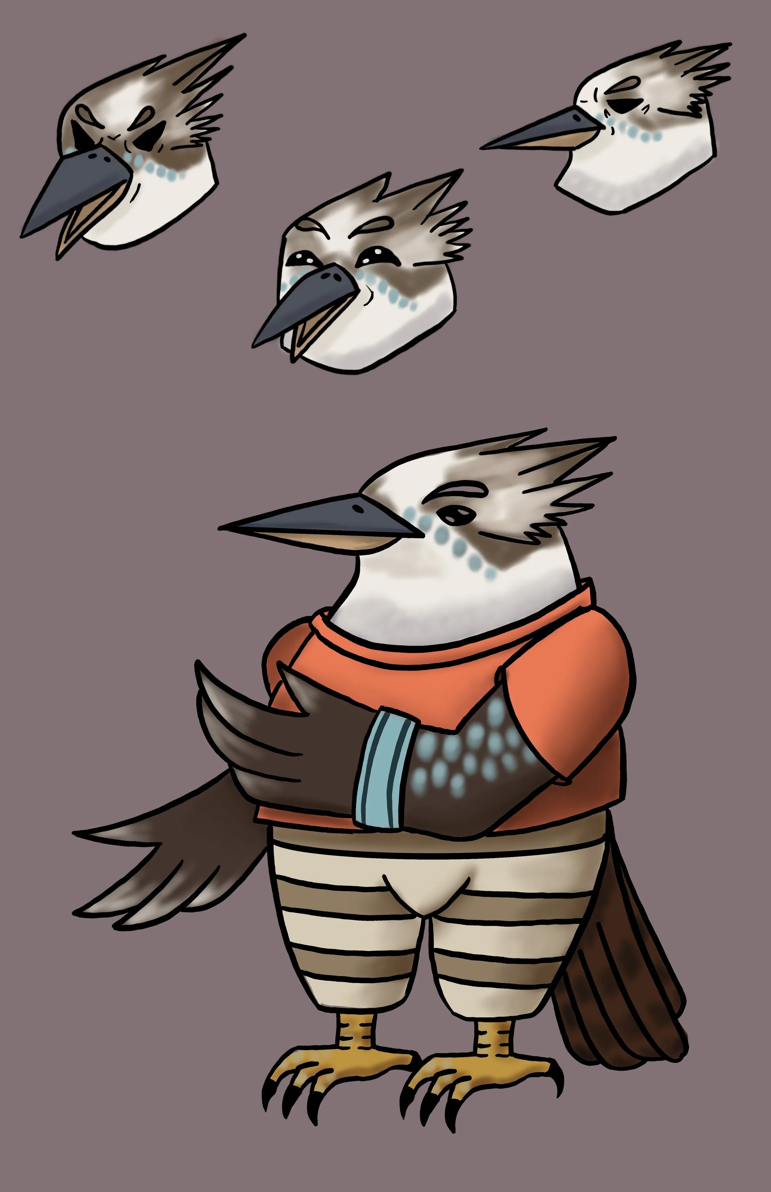 Digital illustration of an anthropomorphic bird character with a crest, dressed in khaki and orange clothes, with striped pants, holding a smartphone, and surrounded by smaller bird heads with blue markings.